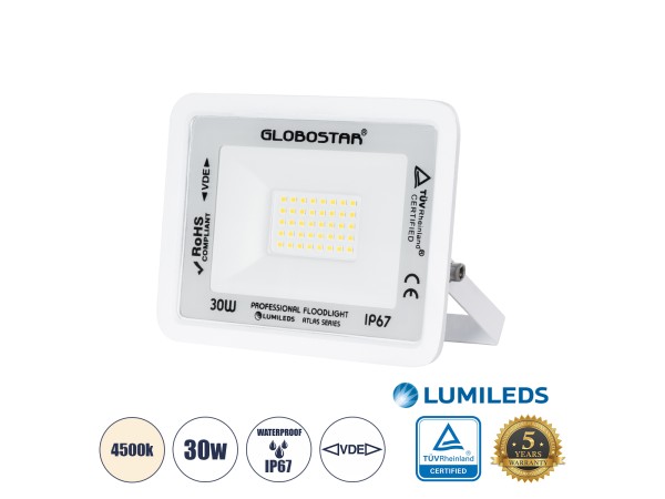 GLOBOSTAR® ATLAS 61414 Προβολέας LED 30W 3600lm 120° AC 220-240V Αδιάβροχο IP67 Φυσικό Λευκό 4500K - Lumileds SMD Chip - TÜV Rheinland Certified - Λευκό Ματ - Μ16 x Π2.5 x Υ12.5cm - 5 Χρόνια Εγγύηση GLOBOSTAR® ATLAS 61414 Προβολέας LED 30W 3600lm 120° AC 220-240V Αδιάβροχο IP67 Φυσικό Λευκό 4500K - Lumileds SMD Chip - TÜV Rheinland Certified - Λευκό Ματ - Μ16 x Π2.5 x Υ12.5cm - 5 Χρόνια Εγγύηση