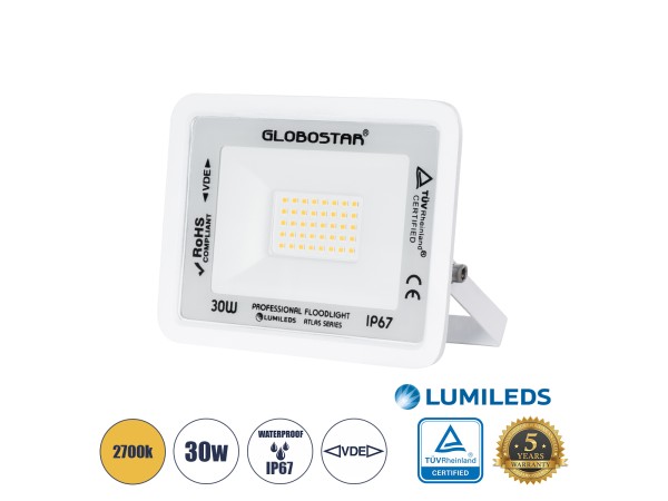 GLOBOSTAR® ATLAS 61415 Προβολέας LED 30W 3450lm 120° AC 220-240V Αδιάβροχο IP67 Θερμό Λευκό 2700K - Lumileds SMD Chip - TÜV Rheinland Certified - Λευκό Ματ - Μ16 x Π2.5 x Υ12.5cm - 5 Χρόνια Εγγύηση GLOBOSTAR® ATLAS 61415 Προβολέας LED 30W 3450lm 120° AC 220-240V Αδιάβροχο IP67 Θερμό Λευκό 2700K - Lumileds SMD Chip - TÜV Rheinland Certified - Λευκό Ματ - Μ16 x Π2.5 x Υ12.5cm - 5 Χρόνια Εγγύηση
