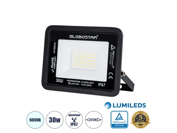 GLOBOSTAR® ATLAS 61416 Προβολέας LED 30W 3750lm 120° AC 220-240V Αδιάβροχο IP67 Ψυχρό Λευκό 6000K - Lumileds SMD Chip - TÜV Rheinland Certified - Μαύρο Ματ - Μ16 x Π2.5 x Υ12.5cm - 5 Χρόνια Εγγύηση