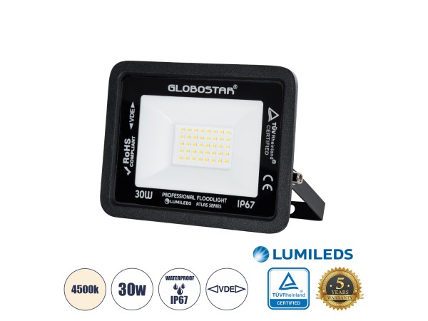 GLOBOSTAR® ATLAS 61417 Προβολέας LED 30W 3600lm 120° AC 220-240V Αδιάβροχο IP67 Φυσικό Λευκό 4500K - Lumileds SMD Chip - TÜV Rheinland Certified - Μαύρο Ματ - Μ16 x Π2.5 x Υ12.5cm - 5 Χρόνια Εγγύηση