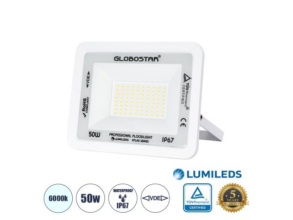 GLOBOSTAR® ATLAS 61419 Προβολέας LED 50W 6250lm 120° AC 220-240V Αδιάβροχο IP67 Ψυχρό Λευκό 6000K - Lumileds SMD Chip - TÜV Rheinland Certified - Λευκό Ματ - Μ21 x Π3.5 x Υ16cm - 5 Χρόνια Εγγύηση