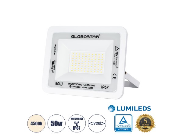 GLOBOSTAR® ATLAS 61420 Προβολέας LED 50W 6000lm 120° AC 220-240V Αδιάβροχο IP67 Φυσικό Λευκό 4500K - Lumileds SMD Chip - TÜV Rheinland Certified - Λευκό Ματ - Μ21 x Π3.5 x Υ16cm - 5 Χρόνια Εγγύηση
