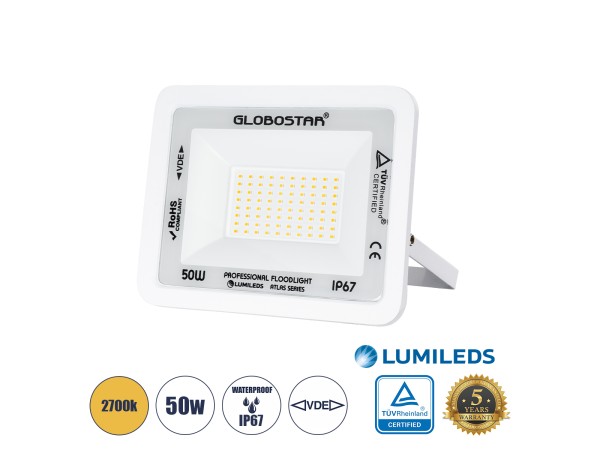 GLOBOSTAR® ATLAS 61421 Προβολέας LED 50W 5750lm 120° AC 220-240V Αδιάβροχο IP67 Θερμό Λευκό 2700K - Lumileds SMD Chip - TÜV Rheinland Certified - Λευκό Ματ - Μ21 x Π3.5 x Υ16cm - 5 Χρόνια Εγγύηση