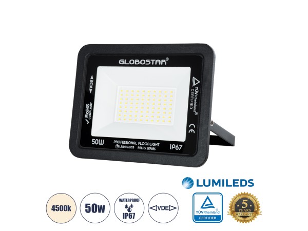 GLOBOSTAR® ATLAS 61423 Προβολέας LED 50W 6000lm 120° AC 220-240V Αδιάβροχο IP67 Φυσικό Λευκό 4500K - Lumileds SMD Chip - TÜV Rheinland Certified - Μαύρο Ματ - Μ21 x Π3.5 x Υ16cm - 5 Χρόνια Εγγύηση