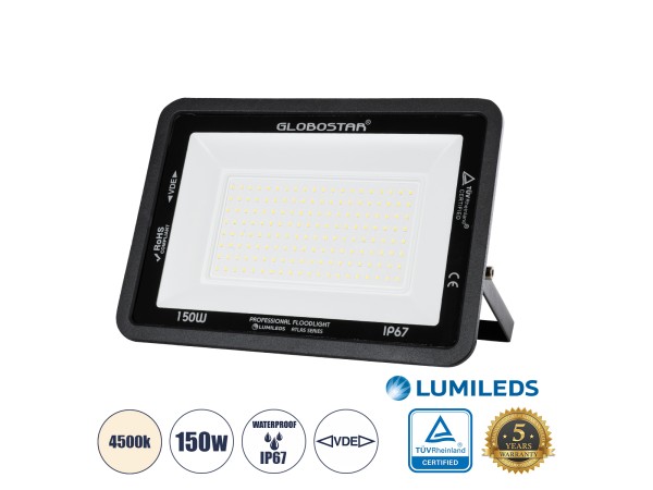 GLOBOSTAR® ATLAS 61429 Προβολέας LED 150W 18000lm 120° AC 220-240V Αδιάβροχο IP67 Φυσικό Λευκό Ματ 4500K - Lumileds SMD Chip - TÜV Rheinland Certified - Μαύρο Ματ - Μ32 x Π4 x Υ23cm - 5 Χρόνια Εγγύηση