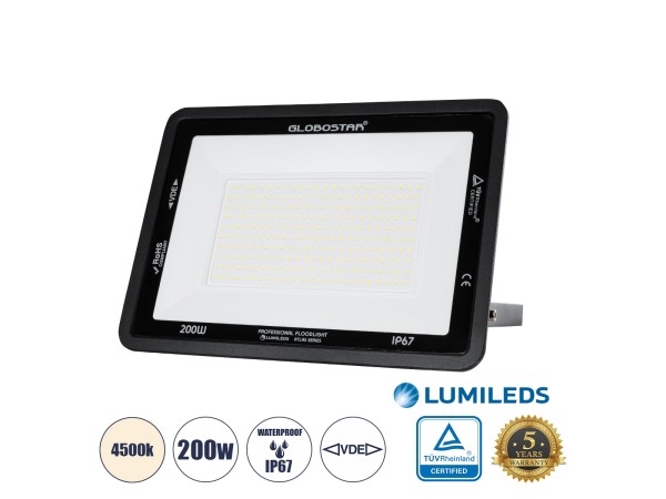 GLOBOSTAR® ATLAS 61432 Προβολέας LED 200W 24000lm 120° AC 220-240V Αδιάβροχο IP67 Φυσικό Λευκό 4500K - Lumileds SMD Chip - TÜV Rheinland Certified - Μαύρο Ματ - Μ38 x Π4 x Υ28cm - 5 Χρόνια Εγγύηση