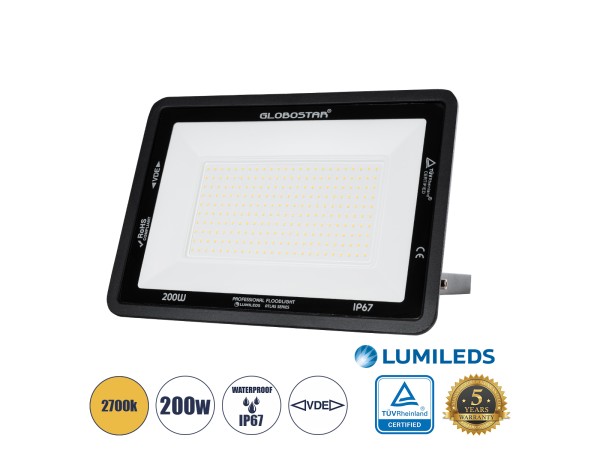 GLOBOSTAR® ATLAS 61433 Προβολέας LED 200W 23000lm 120° AC 220-240V Αδιάβροχο IP67 Θερμό Λευκό 2700K - Lumileds SMD Chip - TÜV Rheinland Certified - Μαύρο Ματ - Μ38 x Π4 x Υ28cm - 5 Χρόνια Εγγύηση