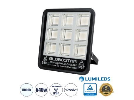 GLOBOSTAR® TITAN 61436 Προβολέας για Γήπεδα Tennis & Ποδοσφαίρου 5x5 LED 540W 67500lm 60°x90° AC 220-240V Αδιάβροχο IP67 Φυσικό Λευκό 5000K - Lumileds SMD Chip - TÜV Rheinland Certified - Μαύρο Ματ - Μ38 x Π8 x Υ42cm - 5 Χρόνια Εγγύηση
