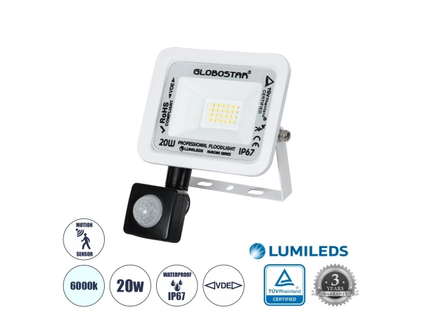 GLOBOSTAR® AURORA 61438 Προβολέας με Ανιχνευτή PIR / Αισθητήρα Κίνησης LED 20W 2500lm 120° AC 220-240V Αδιάβροχο IP67 Ψυχρό Λευκό 6000K - Lumileds SMD Chip - TÜV Rheinland Certified - Λευκό Ματ - Μ12 x Π5 x Υ14.5cm - 3 Χρόνια Εγγύηση GLOBOSTAR® AURORA 61438 Προβολέας με Ανιχνευτή PIR / Αισθητήρα Κίνησης LED 20W 2500lm 120° AC 220-240V Αδιάβροχο IP67 Ψυχρό Λευκό 6000K - Lumileds SMD Chip - TÜV Rheinland Certified - Λευκό Ματ - Μ12 x Π5 x Υ14.5cm - 3 Χρόνια Εγγύηση