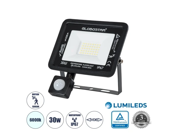 GLOBOSTAR® AURORA 61439 Προβολέας με Ανιχνευτή PIR / Αισθητήρα Κίνησης LED 30W 3750lm 120° AC 220-240V Αδιάβροχο IP67 Ψυχρό Λευκό 6000K - Lumileds SMD Chip - TÜV Rheinland Certified - Μαύρο Ματ - Μ16 x Π5 x Υ17.5cm - 3 Χρόνια Εγγύηση GLOBOSTAR® AURORA 61439 Προβολέας με Ανιχνευτή PIR / Αισθητήρα Κίνησης LED 30W 3750lm 120° AC 220-240V Αδιάβροχο IP67 Ψυχρό Λευκό 6000K - Lumileds SMD Chip - TÜV Rheinland Certified - Μαύρο Ματ - Μ16 x Π5 x Υ17.5cm - 3 Χρόνια Εγγύηση