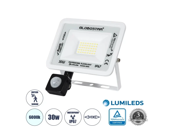 GLOBOSTAR® AURORA 64440 Προβολέας με Ανιχνευτή PIR / Αισθητήρα Κίνησης LED 30W 3750lm 120° AC 220-240V Αδιάβροχο IP67 Ψυχρό Λευκό 6000K - Lumileds SMD Chip - TÜV Rheinland Certified - Λευκό Ματ - Μ16 x Π5 x Υ17.5cm - 3 Χρόνια Εγγύηση