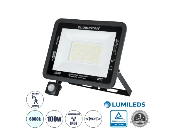 GLOBOSTAR® AURORA 61443 Προβολέας με Ανιχνευτή PIR / Αισθητήρα Κίνησης LED 100W 12500lm 120° AC 220-240V Αδιάβροχο IP67 Ψυχρό Λευκό 6000K - Lumileds SMD Chip - TÜV Rheinland Certified - Μαύρο Ματ - Μ25 x Π6.5 x Υ27.5cm - 3 Χρόνια Εγγύηση