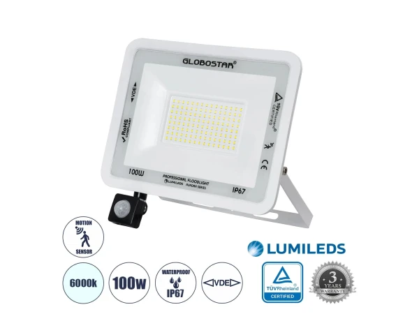 GLOBOSTAR® AURORA 61444 Προβολέας με Ανιχνευτή PIR / Αισθητήρα Κίνησης LED 100W 12500lm 120° AC 220-240V Αδιάβροχο IP67 Ψυχρό Λευκό 6000K - Lumileds SMD Chip - TÜV Rheinland Certified - Λευκό Ματ - Μ25 x Π6.5 x Υ27.5cm - 3 Χρόνια Εγγύηση