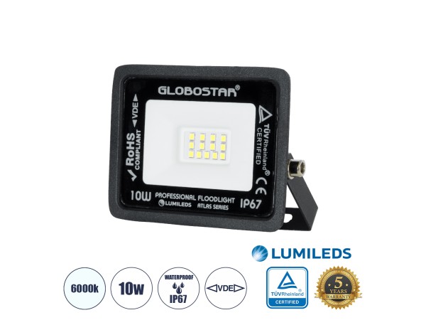 GLOBOSTAR® ATLAS 61515 Προβολέας LED 10W 1250lm 120° AC 220-240V Αδιάβροχο IP67 Ψυχρό Λευκό 6000K - Lumileds SMD Chip - TÜV Rheinland Certified - Μαύρο Ματ - Μ10 x Π2. x Υ8cm - 5 Χρόνια Εγγύηση