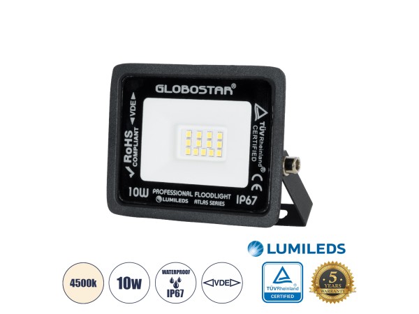 GLOBOSTAR® ATLAS 61516 Προβολέας LED 10W 1200lm 120° AC 220-240V Αδιάβροχο IP67 Φυσικό Λευκό 4500K - Lumileds SMD Chip - TÜV Rheinland Certified - Μαύρο Ματ - Μ10 x Π2 x Υ8cm - 5 Χρόνια Εγγύηση