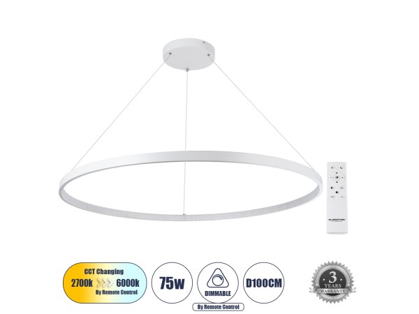 GLOBOSTAR® DIAMOND 61518 Μοντέρνο Κρεμαστό Φωτιστικό Οροφής LED 75W 8400lm 360° AC 220-240V IP20 Ρυθμιζόμενο Λευκό CCT με Χειριστήριο από 2700K έως 6000K Dimmable - Lumileds SMD Chip - Λευκό Ματ - Μ100 x Π100 x Υ90cm - 3 Χρόνια Εγγύηση