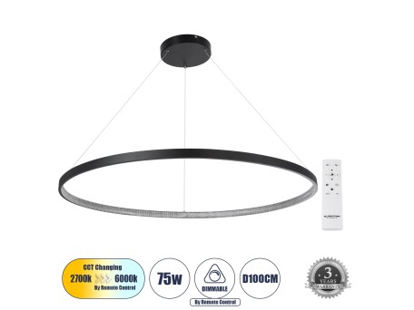 GLOBOSTAR® DIAMOND 61519 Μοντέρνο Κρεμαστό Φωτιστικό Οροφής LED 75W 8400lm 360° AC 220-240V IP20 Ρυθμιζόμενο Λευκό CCT με Χειριστήριο από 2700K έως 6000K Dimmable - Lumileds SMD Chip - Μαύρο Ματ - Μ100 x Π100 x Υ90cm - 3 Χρόνια Εγγύηση