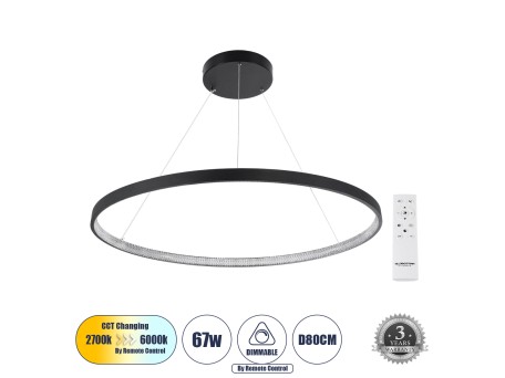 GLOBOSTAR® DIAMOND 61520 Μοντέρνο Κρεμαστό Φωτιστικό Οροφής LED 67W 7504lm 360° AC 220-240V IP20 Ρυθμιζόμενο Λευκό CCT με Χειριστήριο από 2700K έως 6000K Dimmable - Lumileds SMD Chip - Μαύρο Ματ - Μ80 x Π80 x Υ110cm - 3 Χρόνια Εγγύηση