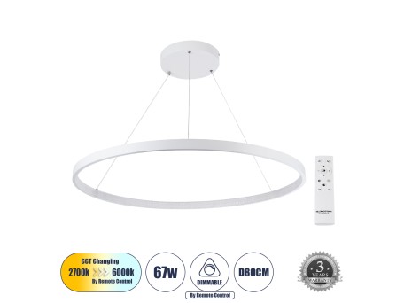 GLOBOSTAR® DIAMOND 61521 Μοντέρνο Κρεμαστό Φωτιστικό Οροφής LED 67W 7504lm 360° AC 220-240V IP20 Ρυθμιζόμενο Λευκό CCT με Χειριστήριο από 2700K έως 6000K Dimmable - Lumileds SMD Chip - Λευκό Ματ - Μ80 x Π80 x Υ110cm - 3 Χρόνια Εγγύηση