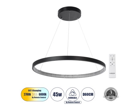 GLOBOSTAR® DIAMOND 61522 Μοντέρνο Κρεμαστό Φωτιστικό Οροφής LED 45W 5040lm 360° AC 220-240V IP20 Ρυθμιζόμενο Λευκό CCT με Χειριστήριο από 2700K έως 6000K Dimmable - Lumileds SMD Chip - Μαύρο Ματ - Μ60 x Π60 x Υ3cm - 3 Χρόνια Εγγύηση
