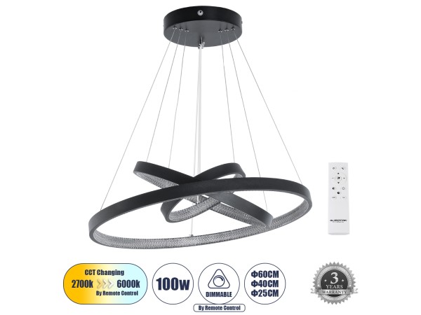 GLOBOSTAR® DIAMOND TRIO 61523-DECO Μοντέρνο Κρεμαστό Φωτιστικό Οροφής LED 100W 11200lm 360° AC 220-240V IP20 Ρυθμιζόμενο Λευκό CCT με Χειριστήριο από 2700K έως 6000K Dimmable - Lumileds SMD Chip - Μαύρο Ματ - Μ90 x Π90 x Υ90cm - 3 Χρόνια Εγγύηση