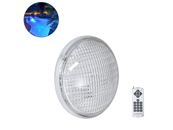 GloboStar® POOLANO 61537 Λάμπα LED Σποτ Πισίνας GX16D PAR56 25W 1750lm 120° AC 12V Αδιάβροχο IP68 IK06 Tempered Glass Φ18 x Υ10cm RGB με Ασύρματο Χειριστήριο RF 2.4Ghz Εμβέλειας 60 Μέτρων - Bridgelux Chip - 3 Years Warranty