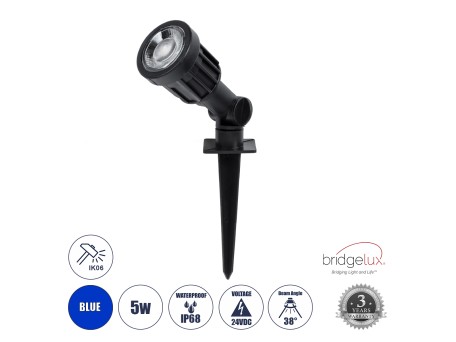 GLOBOSTAR® GARDENINI 61545 Φωτιστικό Σποτ για Φυτά - Δέντρα με Βάση Κήπου / Καρφωτό LED 5W 550lm 38° DC 24V Αδιάβροχο IP68 Μπλε Dimmable - Lumileds SMD Chip - Μαύρο - Μ5.5 x Π5.5 x Υ13.5cm - 3 Χρόνια Εγγύηση