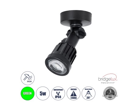 GLOBOSTAR® GARDENINI 61547 Φωτιστικό Σποτ LED 5W 550lm 38° DC 24V Αδιάβροχο IP68 Πράσινο Dimmable - Lumileds SMD Chip - Μαύρο - Μ7 x Π7 x Υ14.5cm - 3 Χρόνια Εγγύηση