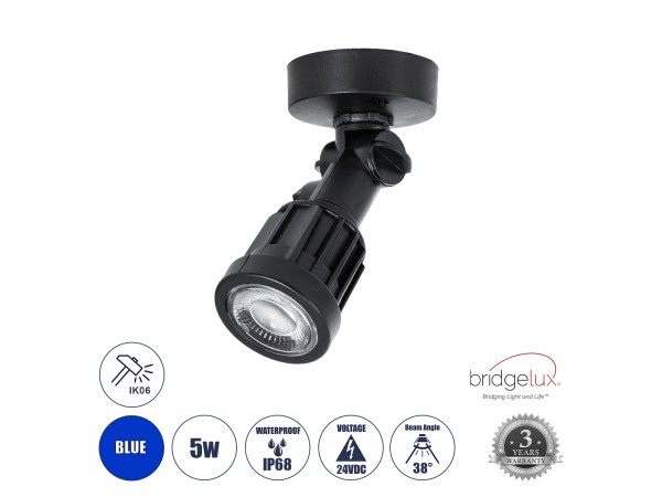GLOBOSTAR® GARDENINI 61548 Φωτιστικό Σποτ LED 5W 550lm 38° DC 24V Αδιάβροχο IP68 Μπλε Dimmable - Lumileds SMD Chip - Μαύρο - Μ7 x Π7 x Υ14.5cm - 3 Χρόνια Εγγύηση