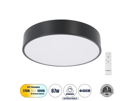 GLOBOSTAR® BURTON 61200-S Μοντέρνο Φωτιστικό Οροφής LED 67W 7370lm 120° AC 220-240V IP20 Ρυθμιζόμενο Λευκό CCT με Χειριστήριο από 2700K έως 6000K Dimmable - Lumileds SMD Chip - Μαύρο Ματ - Μ40 x Π40 x Υ8cm - 3 Χρόνια Εγγύηση