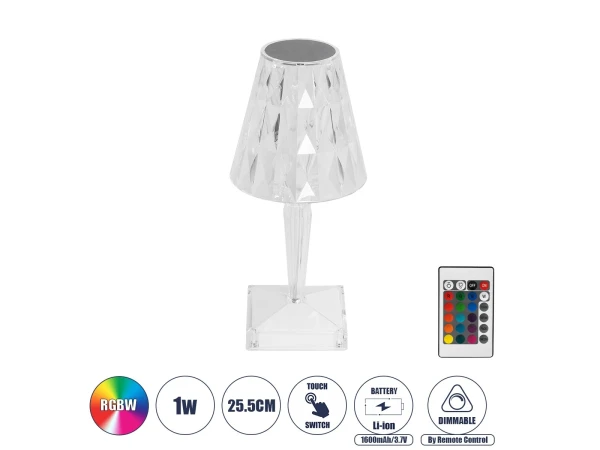 GLOBOSTAR® CRYSTAL 62042 Μοντέρνο Επιτραπέζιο Φωτιστικό Πορτατίφ LED 1W 100lm 360° DC 5V USB-C με Επαναφορτιζόμενη Μπαταρία Li-ion 3.7V 1600mAh IP44 Πολύχρωμο RGBW με Χειριστήριο Dimmable - Sanan SMD Chip - Διάφανο - Μ11.5 x Π11.5 x Υ25.5cm - 3 Χρόνια Εγγ GLOBOSTAR® CRYSTAL 62042 Μοντέρνο Επιτραπέζιο Φωτιστικό Πορτατίφ LED 1W 100lm 360° DC 5V USB-C με Επαναφορτιζόμενη Μπαταρία Li-ion 3.7V 1600mAh IP44 Πολύχρωμο RGBW με Χειριστήριο Dimmable - Sanan SMD Chip - Διάφανο - Μ11.5 x Π11.5 x Υ25.5cm - 3 Χρόνια Εγγ