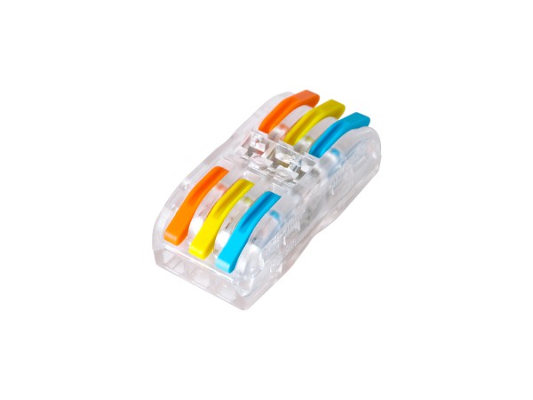 GloboStar® FAST-CONNECT 69908 Τριπλή Κλέμα Ταχείας Σύνδεσης & Διακλάδωσης Καλωδίων - 3 x Είσοδοι & 3 x Έξοδοι με Συμβατή Διατομή Καλωδίων 0.08mm² έως 2.5mm² - 250V/4KV 32A Max - Μ4 x Π4 x Υ1.5cm - Διάφανο με Πορτοκαλί, Κίτρινο & Μπλε - Πακέτο 5 Τεμαχίων -