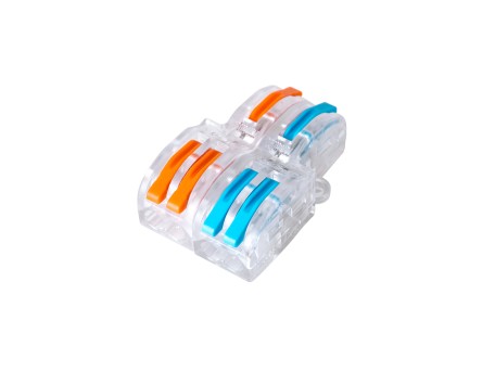 GloboStar® FAST-CONNECT 69909 Διπλή σε Τετραπλή Κλέμα Ταχείας Σύνδεσης & Διακλάδωσης Καλωδίων - 2 x Είσοδοι & 4 x Έξοδοι με Συμβατή Διατομή Καλωδίων 0.08mm² έως 2.5mm² - 250V/4KV 32A Max - Μ2.6 x Π4 x Υ1.5cm - Διάφανο με Πορτοκαλί & Μπλε - Πακέτο 5 Τεμαχί