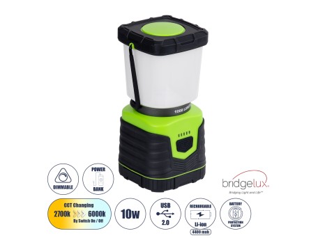 GloboStar® 69930 Αυτόνομο Επαναφορτιζόμενο Φανάρι Camping LED 10W με Εναλλαγή Χρωμάτων & Επαναφορτιζόμενη Μπαταρία 18650 4400mAh Li-ion - Power Bank - Αδιάβροχο IP54 Θερμό Λευκό 2700K - Ψυχρό Λευκό 6000K Μ18.5 x Π9 x Υ9cm