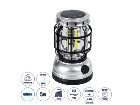 GloboStar® 69932 Αυτόνομο Ηλιακό Επαναφορτιζόμενο Φανάρι Camping LED 5W με Επαναφορτιζόμενη Μπαταρία 18650 1200mAh Li-ion - Power Bank - Αδιάβροχο IP54 - Dimmable - Μαύρο Ασημί - Ψυχρό Λευκό 6000K Φ10.2 x Υ16cm