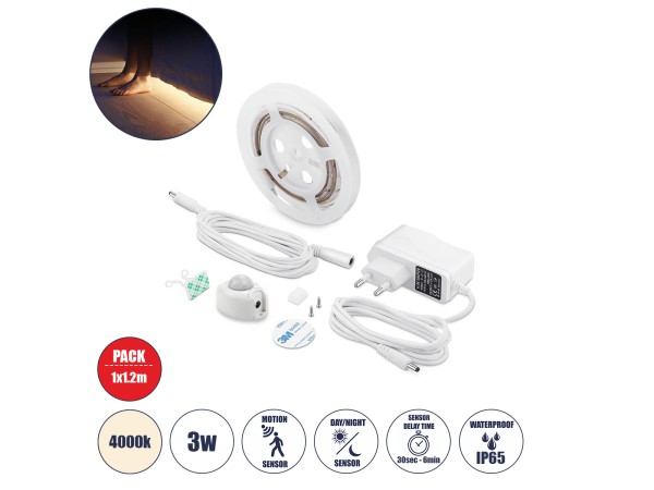 GLOBOSTAR® NIGHTSTEP 70400 Σετ Ταινίας με Αισθητήρα Κίνησης-Ημέρας-Νύχτας & Τροφοδοτικό LED 3W 300lm 120° AC 220-240V Αδιάβροχο IP65 36 x SMD2835 Φυσικό Λευκό 4500K - Sanan SMD Chip - Μ120 x Π0.8 x Υ0.2cm - 2 Χρόνια Εγγύηση