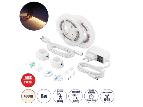 GLOBOSTAR® NIGHTSTEP 70401 Σετ Ταινίας με με Αισθητήρα Κίνησης-Ημέρας-Νύχτας & Τροφοδοτικό LED 6W 600lm 120° AC 220-240V Αδιάβροχο IP65 72 x SMD2835 Φυσικό Λευκό 4500K - Sanan SMD Chip - Μ240 x Π0.8 x Υ0.2cm - Δύο Ρολά 1.2 Μέτρων - 2 Χρόνια Εγγύηση