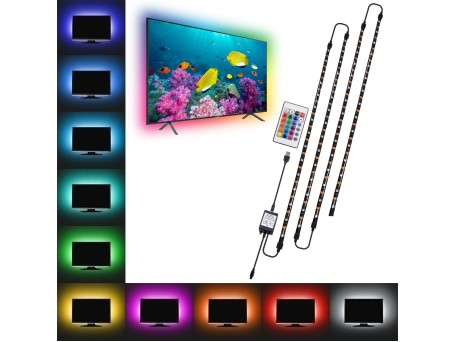 GloboStar® 70406 Σετ Ταινία TV Kit LED RGB SMD 5050 2m (4x50CM) 14.4W/2m 60LED/2m 1454lm/2m 120° USB DC 5V Οπίσθιου Κρυφού Φωτισμού για Τηλεόραση με Ασύρματο Τηλεχειριστήριο Αδιάβροχο IP65 RGB