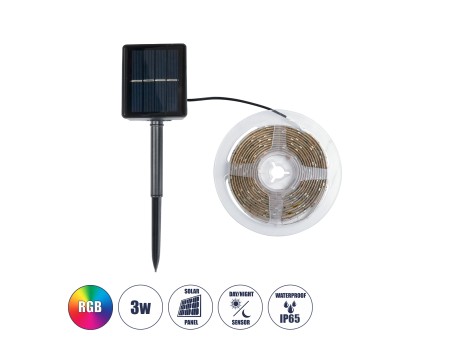 GLOBOSTAR® SOLARSTRIP 70421 Σετ Ταινίας 3W 90lm 120° DC 5V με Φωτοβολταϊκό Panel 5V 0.3W με Αισθητήρα Ημέρας-Νύχτας Αδιάβροχο IP65 90 x SMD2835 Chip Πολύχρωμο RGB Dimmable - Sanan SMD Chip - Μ300 x Π0.8 x Υ0.3cm - Ρολό 3 Μέτρων - 2 Χρόνια Εγγύηση