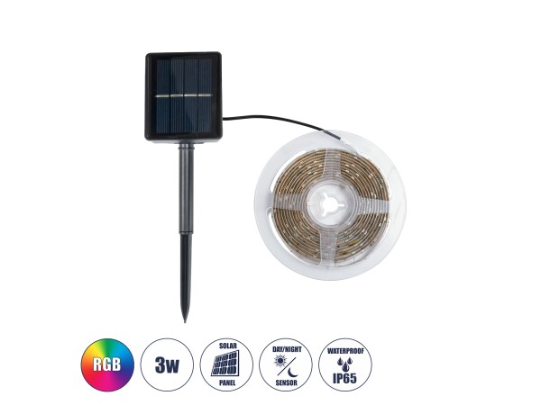 GLOBOSTAR® SOLARSTRIP 70421 Σετ Ταινίας 3W 90lm 120° DC 5V με Φωτοβολταϊκό Panel 5V 0.3W με Αισθητήρα Ημέρας-Νύχτας Αδιάβροχο IP65 90 x SMD2835 Chip Πολύχρωμο RGB Dimmable - Sanan SMD Chip - Μ300 x Π0.8 x Υ0.3cm - Ρολό 3 Μέτρων - 2 Χρόνια Εγγύηση