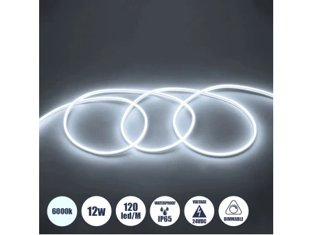 GLOBOSTAR® NEOVALE 70560 Ταινία Neon Flex LED 12W/m 1080lm/m 120° DC 24V Αδιάβροχο IP65 120 x SMD2835 Chip/m Ψυχρό Λευκό 6000K Dimmable - Sanan SMD Chip - Μ100 x Π0.8 x Υ1.6cm - 3 Χρόνια Εγγύηση