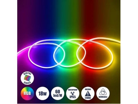 GLOBOSTAR® NEOVALE 70569 Ψηφιακή Pixel Addressable Ταινία Neon Flex LED 18W/m 900lm/m 120° DC 24V Αδιάβροχο IP65 60 x SMD5050 Chip/m 10 x Pixel/m Πολύχρωμο RGB Dimmable SPI/TTL Protocol IC WS2811 - Sanan SMD Chip - Μ100 x Π0.8 x Υ1.6cm - 3 Χρόνια Εγγύηση
