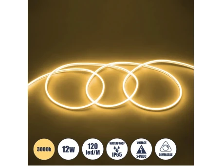 GLOBOSTAR® NEOVALE 70572 Ταινία Neon Flex LED 12W/m 840lm/m 120° DC 220-240V Αδιάβροχο IP65 120 x SMD2835 Chip/m Θερμό Λευκό 3000K Dimmable - Sanan SMD Chip - Μ100 x Π0.8 x Υ1.6cm - 3 Χρόνια Εγγύηση