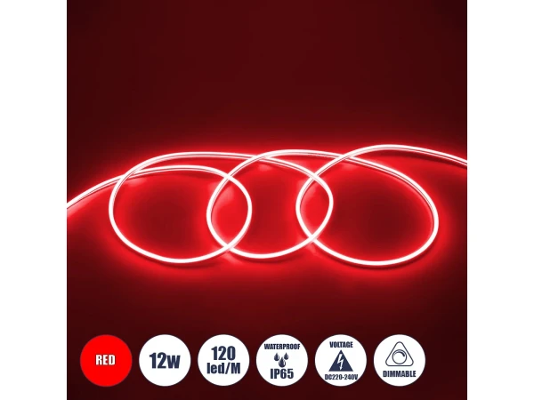GLOBOSTAR® NEOVALE 70573 Ταινία Neon Flex LED 12W/m 600lm/m 120° DC 220-240V Αδιάβροχο IP65 120 x SMD2835 Chip/m Κόκκινο Dimmable - Sanan SMD Chip - Μ100 x Π0.8 x Υ1.6cm - 3 Χρόνια Εγγύηση