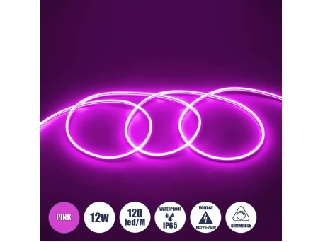 GLOBOSTAR® NEOVALE 70577 Ταινία Neon Flex LED 12W/m 600lm/m 120° DC 220-240V Αδιάβροχο IP65 120 x SMD2835 Chip/m Ροζ Dimmable - Sanan SMD Chip - Μ100 x Π0.8 x Υ1.6cm - 3 Χρόνια Εγγύηση