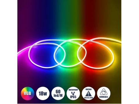 GLOBOSTAR® NEOVALE 70578 Ταινία Neon Flex LED 18W/m 900lm/m 120° DC 220-240V Αδιάβροχο IP65 60 x SMD5050 Chip/m Πολύχρωμο RGB Dimmable - Sanan SMD Chip - Μ100 x Π0.8 x Υ1.6cm - 3 Χρόνια Εγγύηση
