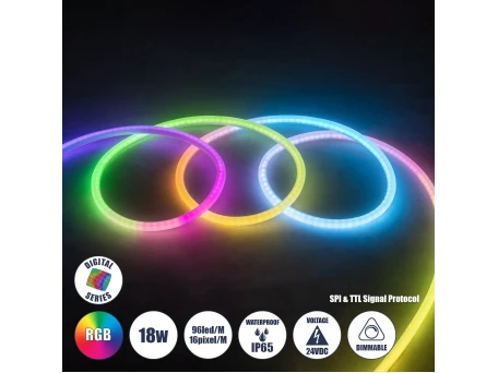 GLOBOSTAR® NEOTUBE 70589 Ψηφιακή Pixel Addressable Ταινία Neon Flex LED 18W/m 900lm/m 360° DC 24V Αδιάβροχο IP65 96 x SMD5050 Chip/m 16 x Pixel/m Πολύχρωμο RGB Dimmable SPI/TTL Protocol IC WS2811 - Sanan SMD Chip - Μ100 x Π2.1 x Υ2.1cm - 3 Χρόνια Εγγύηση