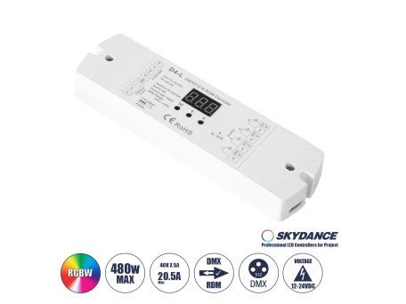 GloboStar® 70668 D4-L SKYDANCE DC DMX & RDM Dimmer High Speed Controller / Decoder 4 Καναλιών DC 12-24V 4 x 5A 120W - Max 20.5A 480W - IP20 Μ17 x Π5 x Υ2.5cm - 5 Years Warranty