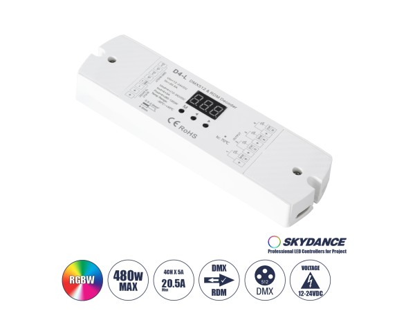 GloboStar® 70668 D4-L SKYDANCE DC DMX & RDM Dimmer High Speed Controller / Decoder 4 Καναλιών DC 12-24V 4 x 5A 120W - Max 20.5A 480W - IP20 Μ17 x Π5 x Υ2.5cm - 5 Years Warranty