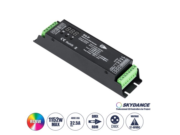 GLOBOSTAR® SKYDANCE-D4-P 70669 DC DMX Master Dimmer / Controller / Decoder Υψηλής Ταχύτητας με 4 x 8A 384W Κανάλια 12-48V 32.5A 1152W Max IP20 - DMX512 & RDM - Μ17.5 x Π4.5 x Υ2.8cm - 5 Χρόνια Εγγύηση